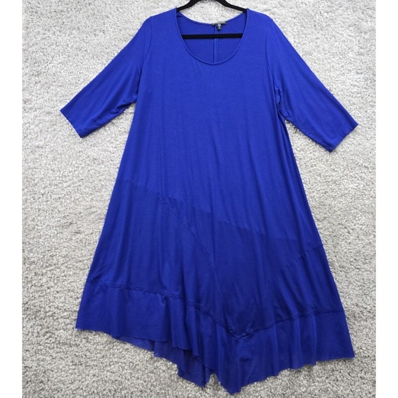 Eileen‎ Fisher Midi Dress Women 1X Blue 3/4 Sleeve Pullover Stretch Asymmetrical - Picture 1 of 11
